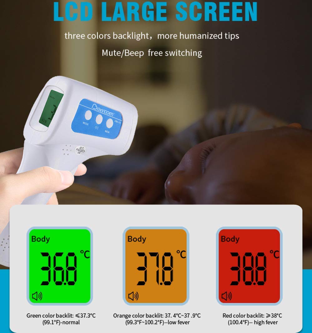 Non-Contact Body IR Thermometer with 3 Color Alarm Backlight Display